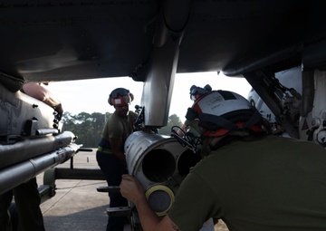 U.S. Marines with Marine Attack Squadron 223 prepare AV-8B Harriers for ordnance training