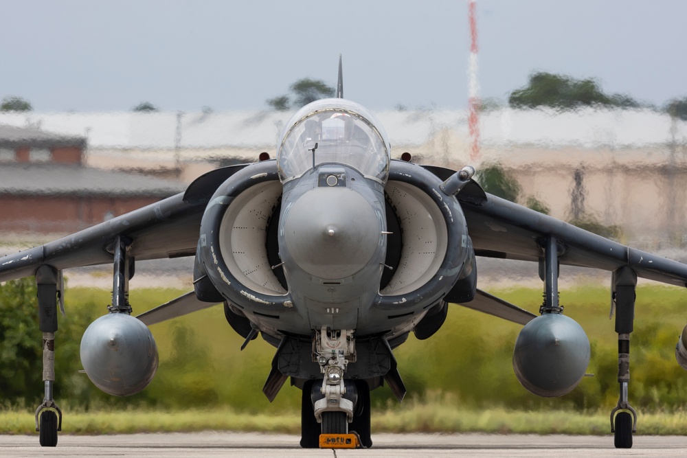U.S. Marines with Marine Attack Squadron 223 prepare AV-8B Harriers for ordnance training