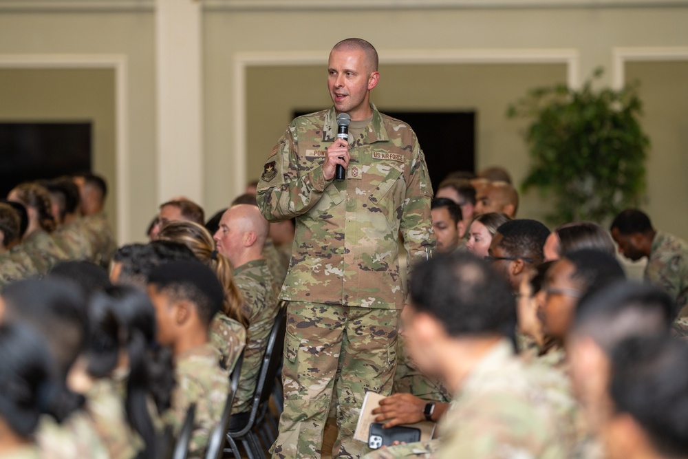 Chief Power speaks to Airmen during enlisted call at JBSA-Lackland