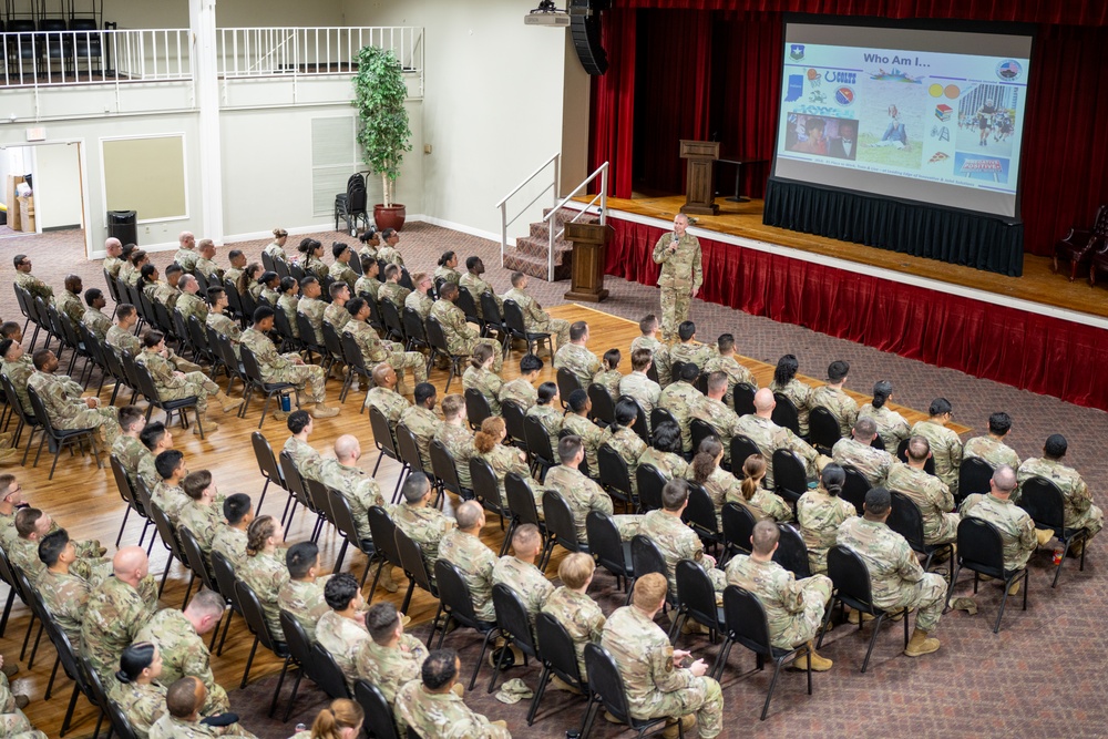 Chief Power speaks to Airmen during enlisted call at JBSA-Lackland