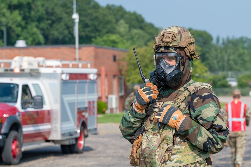 Airmen participate in an Alarm Red simulation during Northern Strike 25-2