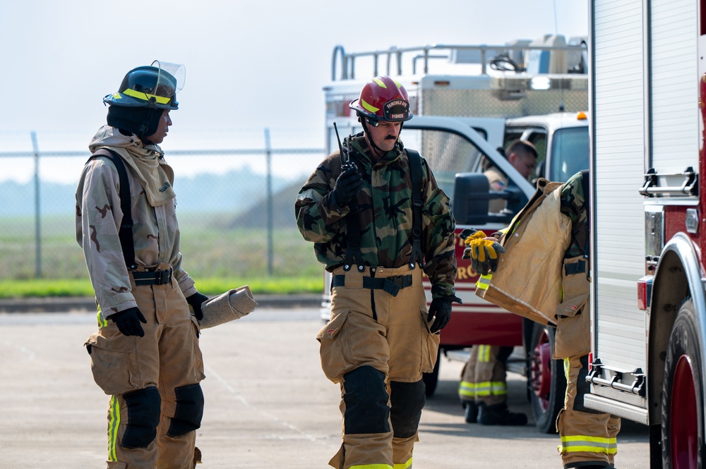 Airmen participate in an Alarm Red simulation during Northern Strike 25-2