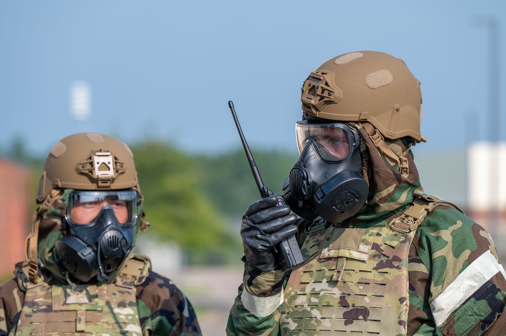 Airmen participate in an Alarm Red simulation during Northern Strike 25-2