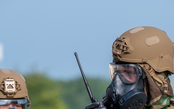 Airmen participate in an Alarm Red simulation during Northern Strike 25-2