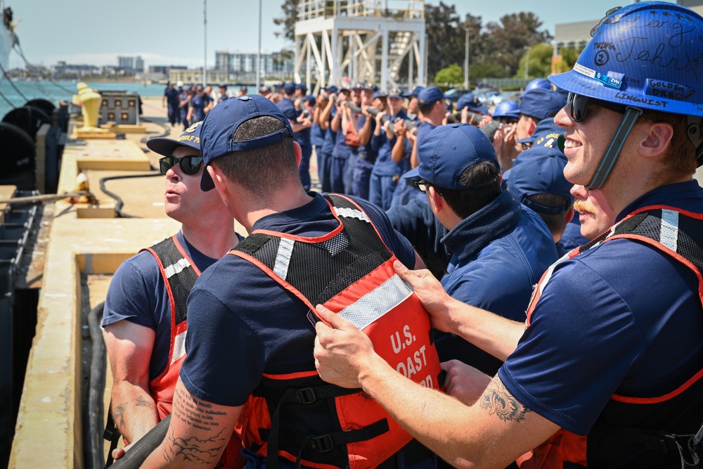 U.S. Coast Guard Cutter Bertholf returns to Alameda from 70-day deployment on the southwest border maritime boundary line near San Diego, California