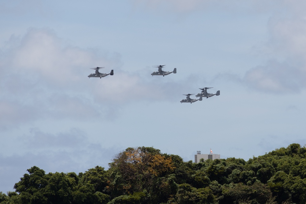 MV-22B Ospreys with VMM-265 fly in formation over Okinawa