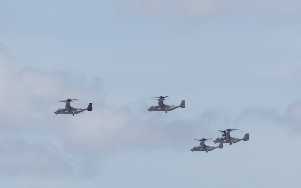 MV-22B Ospreys with VMM-265 fly in formation over Okinawa