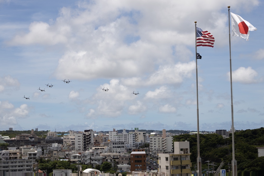 MV-22B Ospreys with VMM-265 fly in formation over Okinawa