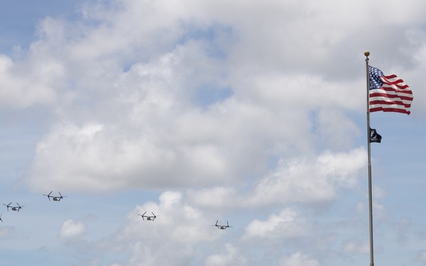 MV-22B Ospreys with VMM-265 fly in formation over Okinawa