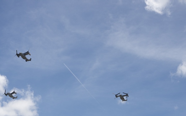MV-22B Ospreys with VMM-265 fly in formation over Okinawa