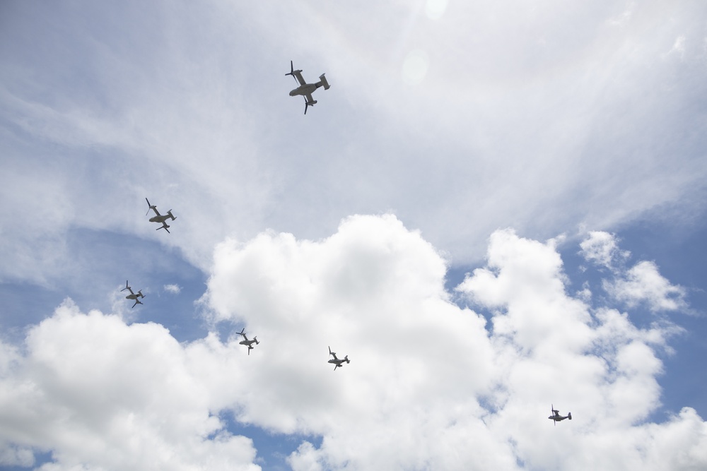 MV-22B Ospreys with VMM-265 fly in formation over Okinawa