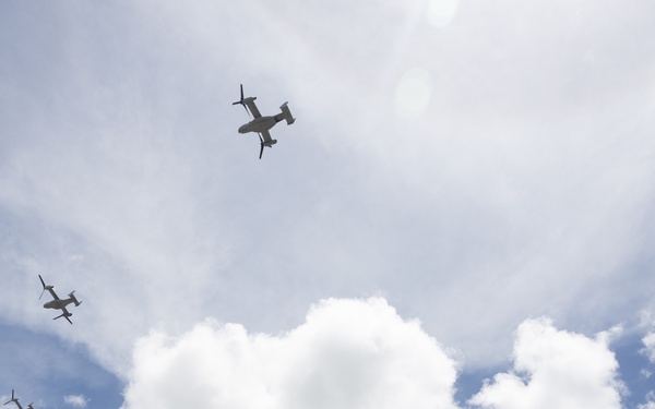MV-22B Ospreys with VMM-265 fly in formation over Okinawa
