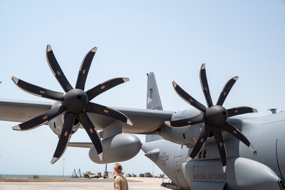 75th Expeditionary Airlift Squadron C-130 Takes Off for Mission Across Horn of Africa