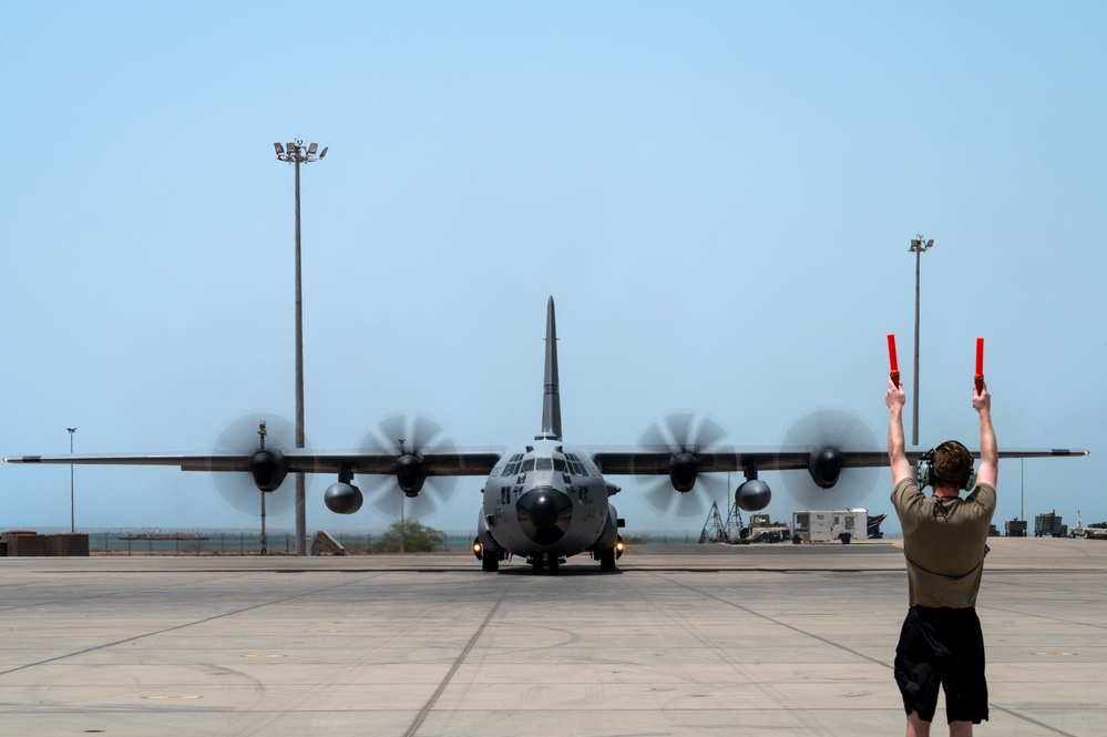 75th Expeditionary Airlift Squadron C-130 Takes Off for Mission Across Horn of Africa