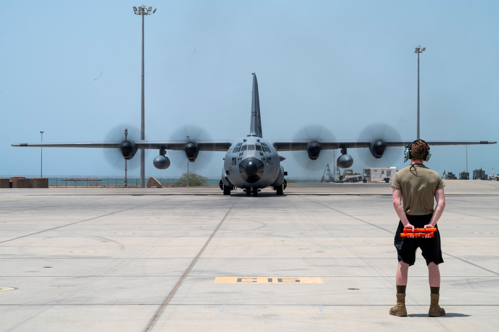 75th Expeditionary Airlift Squadron C-130 Takes Off for Mission Across Horn of Africa