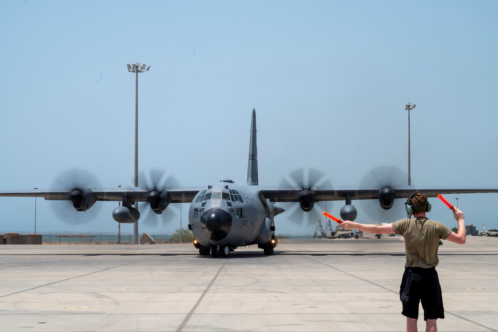 75th Expeditionary Airlift Squadron C-130 Takes Off for Mission Across Horn of Africa