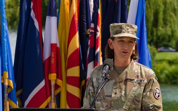 Brig. Gen. Deydre S. Teyhen, commanding general, Medical Readiness Command, Pacific &amp; director, Defense Health Network Indo-Pacific, speaks at Madigan’s Swan Plaza