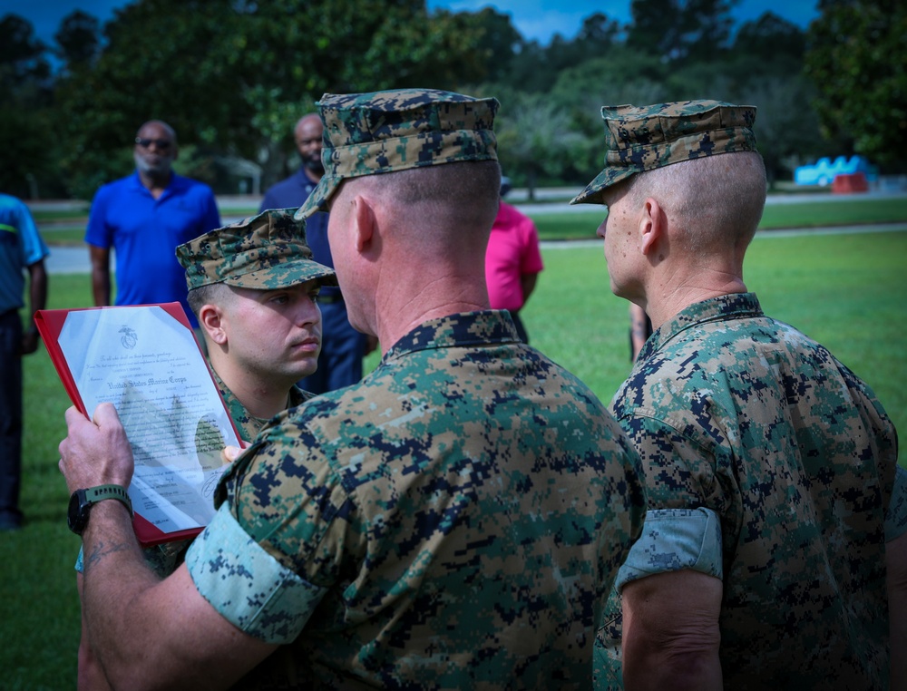 U.S. Marine Corps Sgt. Cameron T. Simpson, a motor vehicle operator with Marine Corps Logistics Command (LOGCOM), was meritoriously promoted to his current rank during a ceremony Aug. 11 at Marine Corps Logistics Base Albany, Georgia. U.S. Marine Corps Sgt. Cameron T. Simpson, a motor vehicle operator with Marine Corps Logistics Command (LOGCOM), was meritoriously promoted to his current rank during a ceremony Aug. 11 at Marine Corps Logistics Base Albany, Georgia.