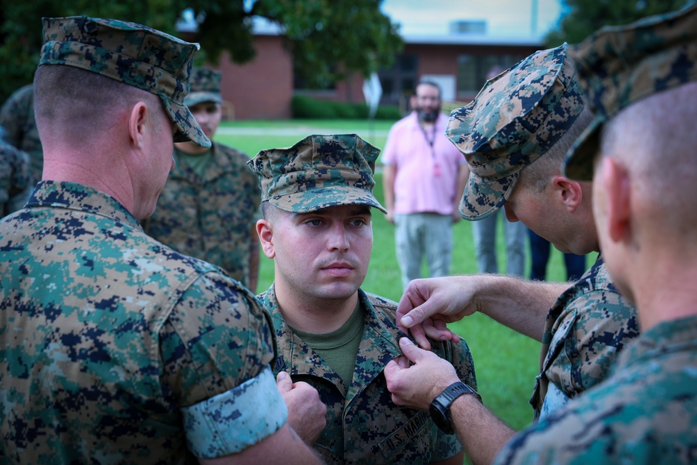 U.S. Marine Corps Sgt. Cameron T. Simpson, a motor vehicle operator with Marine Corps Logistics Command (LOGCOM), was meritoriously promoted to his current rank during a ceremony Aug. 11 at Marine Corps Logistics Base Albany, Georgia.