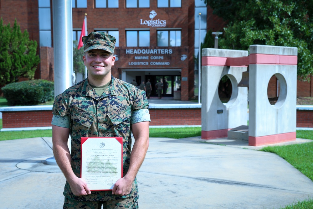 U.S. Marine Corps Sgt. Cameron T. Simpson, a motor vehicle operator with Marine Corps Logistics Command (LOGCOM), was meritoriously promoted to his current rank during a ceremony Aug. 11 at Marine Corps Logistics Base Albany, Georgia.