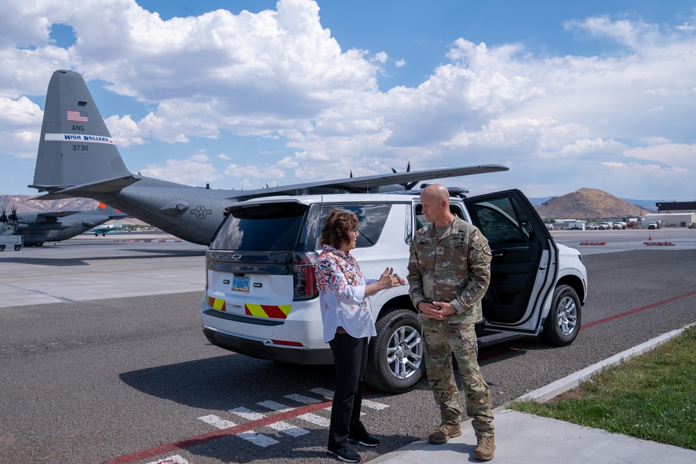 Brig. Gen. Rodger D. Waters, State of Nevada Adjutant General, meets Sen. Jacky Rosen on the flightline at Nevada Air National Guard Base Aug. 12, 2025