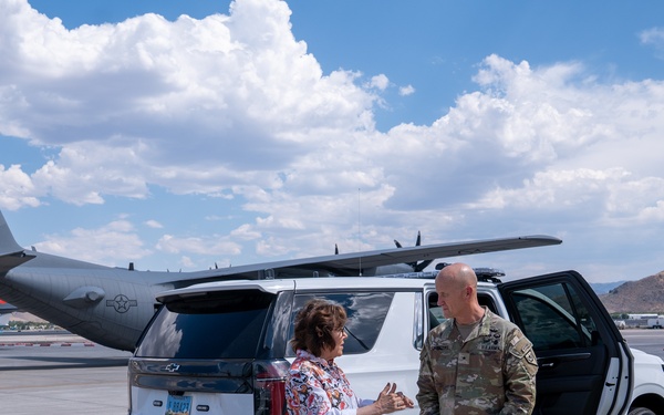 Brig. Gen. Rodger D. Waters, State of Nevada Adjutant General, meets Sen. Jacky Rosen on the flightline at Nevada Air National Guard Base Aug. 12, 2025