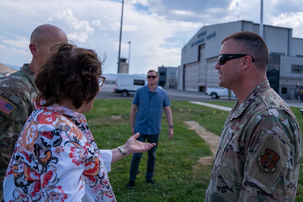 Brig. Gen. Rodger D. Waters, State of Nevada Adjutant General, and Col. Shaun Cruze, 152nd Maintenance Group Commander, meet Sen. Jacky Rosen on the Nevada Air National Guard base flightline Aug. 12, 2025