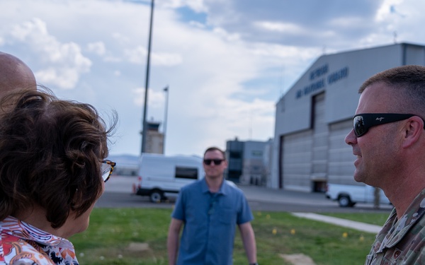 Brig. Gen. Rodger D. Waters, State of Nevada Adjutant General, and Col. Shaun Cruze, 152nd Maintenance Group Commander, meet Sen. Jacky Rosen on the Nevada Air National Guard base flightline Aug. 12, 2025