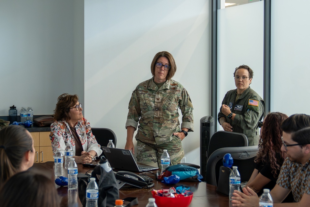 Col. Catherine Grush, 152nd Airlift Wing Commander, addresses Sen. Jacky Rosen and members of her staff during a base visit