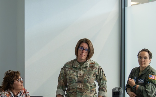 Col. Catherine Grush, 152nd Airlift Wing Commander, addresses Sen. Jacky Rosen and members of her staff during a base visit