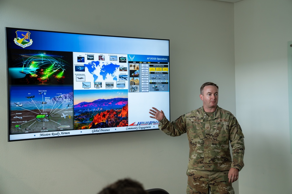 Master Sgt. Nathaniel Vezina addresses Airmen assigned to the Nevada Air National Guard Base and staffers from Sen. Jacky Rosen's Office during a Nevada Air National Guard base visit Aug. 12, 2025
