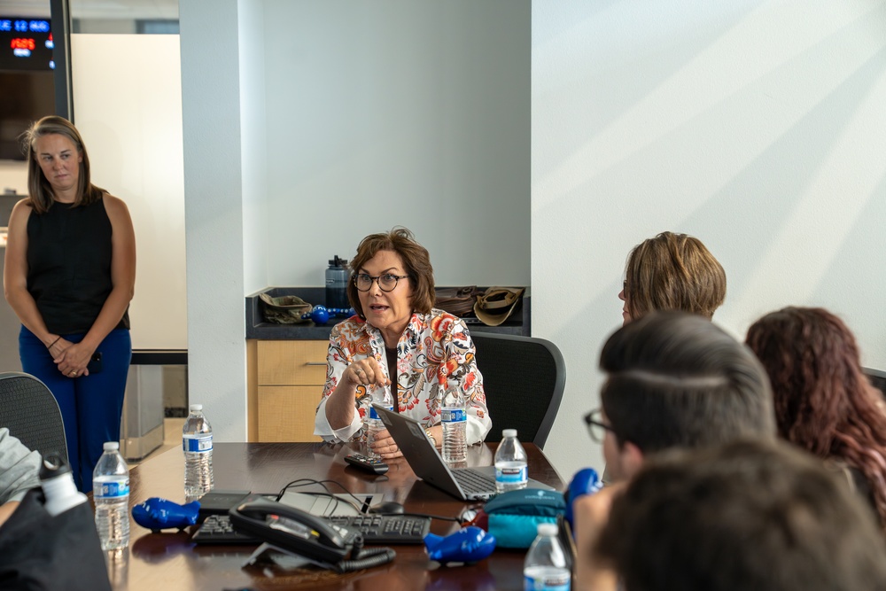 Sen. Jacky Rosen addresses Nevada Air National Guard Airmen and members of her staff during a Nevada Air National Guard base visit Aug. 12, 2025