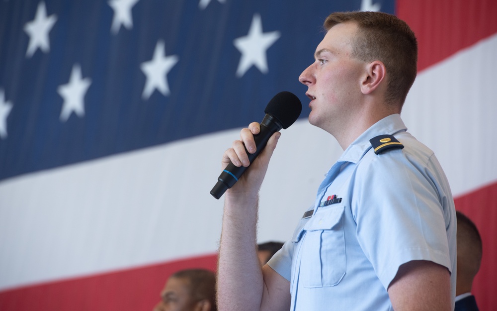 U.S. Coastguardsman Performs the National Anthem at the Corpus Christi Coast Guard City Ceremony