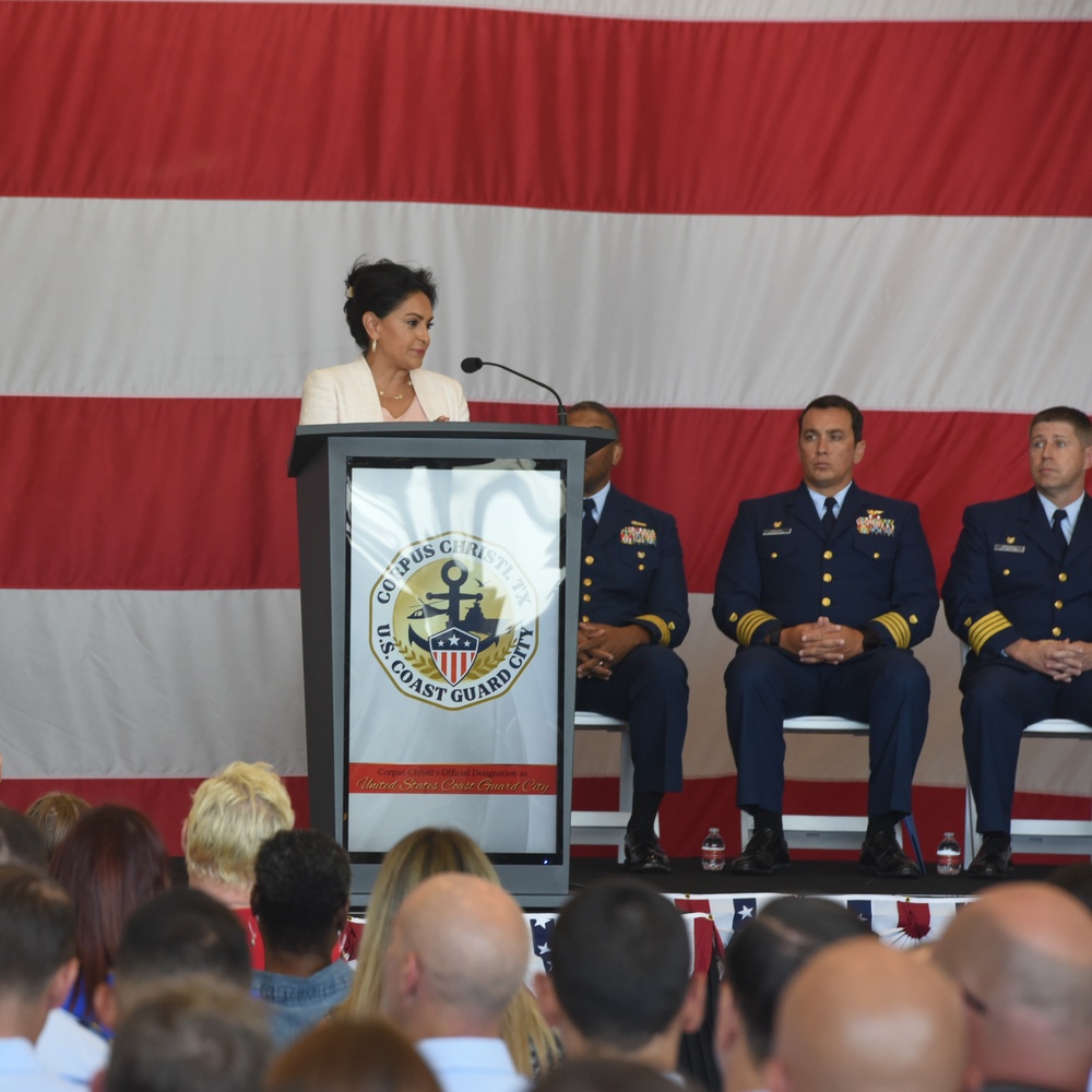 Corpus Christi Mayor Speaks to Coastguardsmen during Corpus Christi Coast Guard City Ceremony