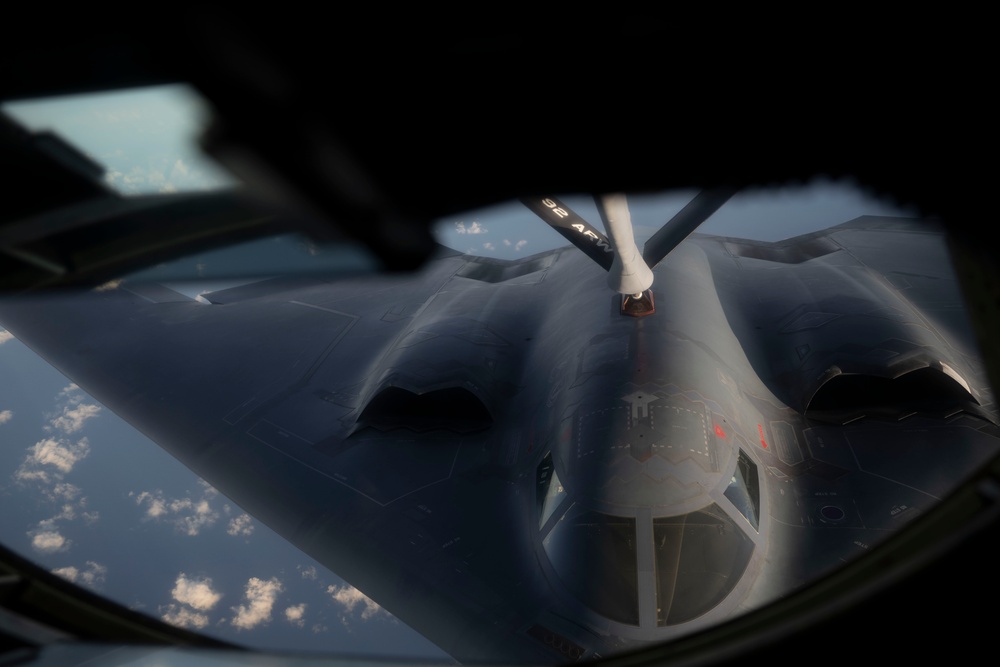 B-2 Spirit stealth bombers refuel during combat mission
