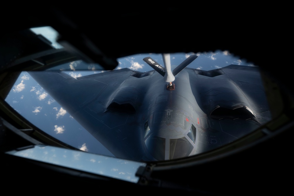 B-2 Spirit stealth bombers refuel during combat mission
