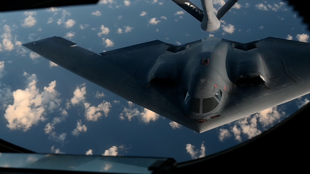 B-2 Spirit stealth bombers refuel during combat mission