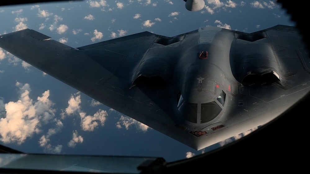 B-2 Spirit stealth bombers refuel during combat mission