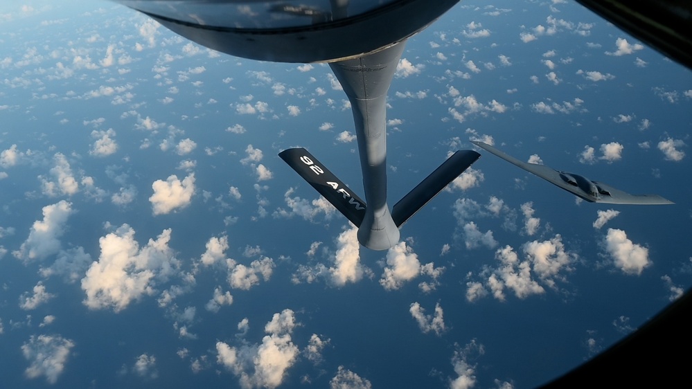 B-2 Spirit stealth bombers refuel during combat mission
