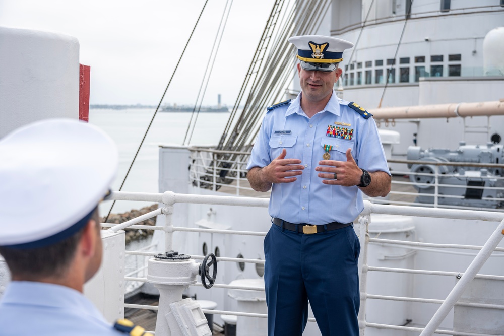 U.S. Coast Guard Chief Warrant Officer Colin Hopkins promotion ceremony on the Queen Mary