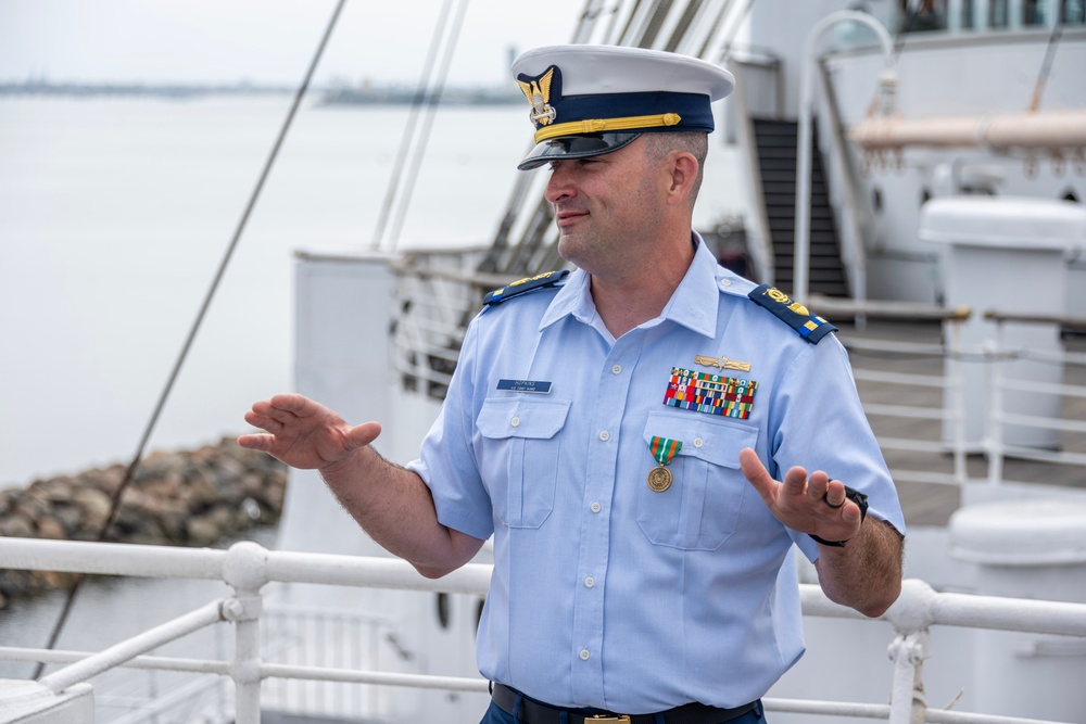 U.S. Coast Guard Chief Warrant Officer Colin Hopkins promotion ceremony on the Queen Mary