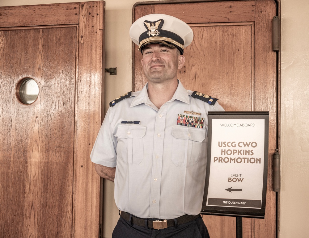 U.S. Coast Guard Chief Warrant Officer Colin Hopkins promotion ceremony on the Queen Mary