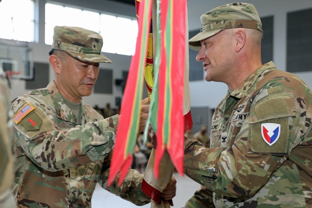 403rd AFSB commander Col. Henry Brown relinquishes command to Col. Jason Book in change of command ceremony