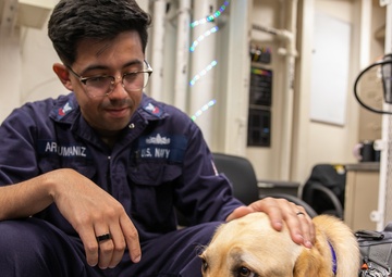 USS Mitscher (DDG 57) Sailor greets USS Gerald R. Ford (CVN 78) working dog