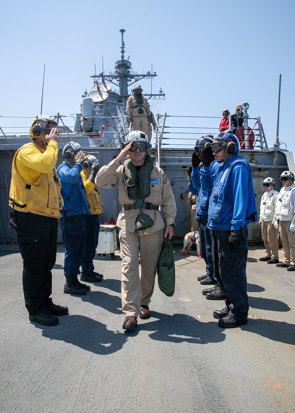 USS Mitscher (DDG 57) renders honors to Commander, CSG 12