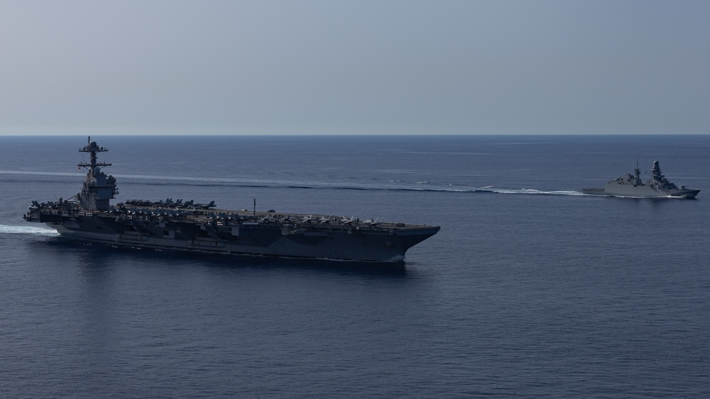 USS Gerald R. Ford (CVN 78) Sails in Formation with ITS Spartaco Schergat (F 598)