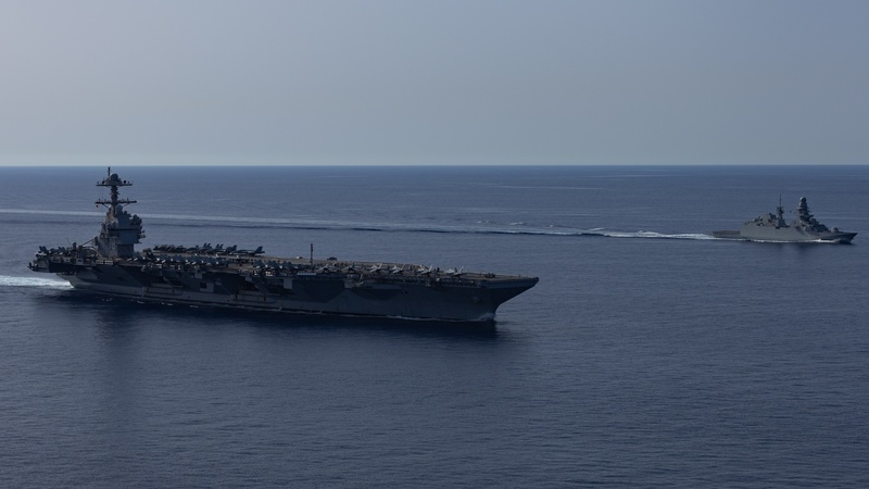 USS Gerald R. Ford (CVN 78) Sails in Formation with ITS Spartaco Schergat (F 598)