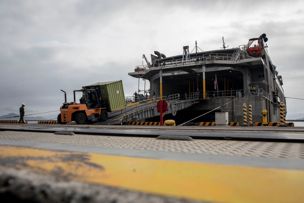 U.S. Marines receive cargo from USNS Guam