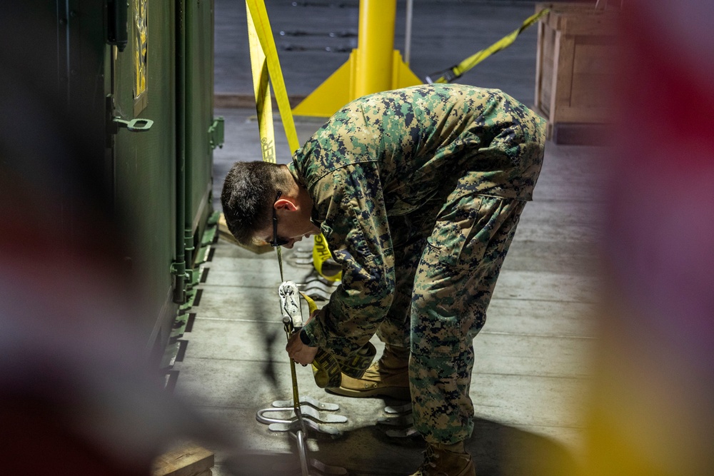 U.S. Marines receive cargo from USNS Guam