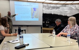 Brig. Gen. Joseph C. "Clete" Goetz and Command Sgt. Maj. Zachary Plummer meet with City and Borough of Juneau Emergency Operations Center